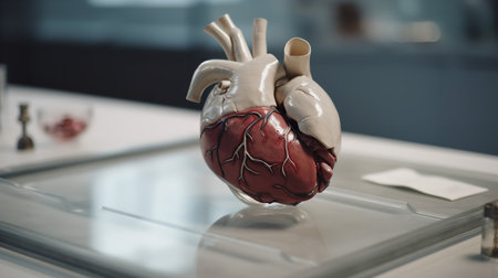 This image captures a close-up of an anatomically correct model of a human heart in a medical setting.の素材