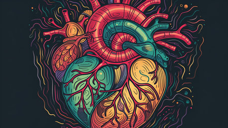 A brightly colored clipart image featuring a simplified, cartoon-style depiction of a human heart, complete with arteries and veins.の素材