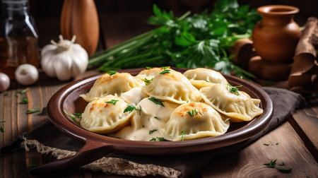 A close-up shot of Polish pierogi, filled with cheese and potatoes, on a rustic wooden table, with a green and lush Polish countryside scene in the background.の素材