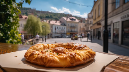 Freshly baked Bulgarian Banitsa, a traditional cheese-filled pastry, on a rustic table with the cobblestone streets of Plovdiv's old town in the background.の素材