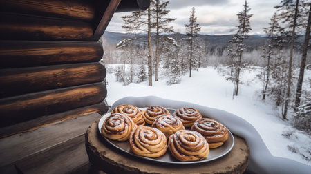 An overhead shot of a plate of Swedish kanelbullar (cinnamon buns), set on a rustic wooden table outside a cozy log cabin, surrounded by a snowy Swedish landscape.の素材