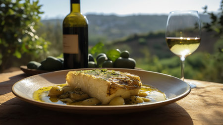 A traditional Portuguese Bacalhau dish, cod fish with potatoes, served on a rustic table in a sunny vineyard in Douro Valley.の素材
