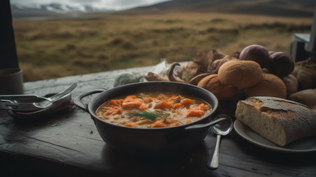 Traditional Icelandic Plokkfiskur, a hearty fish stew, served on a table overlooking the famous Geysir hot springs in the Icelandic countryside.の素材