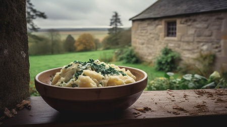 Traditional Irish Colcannon, mashed potatoes with kale or cabbage, served in a rustic bowl with a picturesque Irish countryside cottage in the background.の素材
