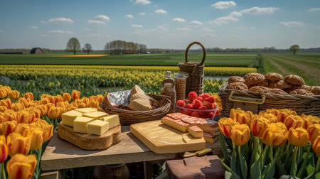 A windmill in the Dutch countryside during tulip season with a spread of Dutch cheeses and a traditional appeltaart in the foreground.の素材