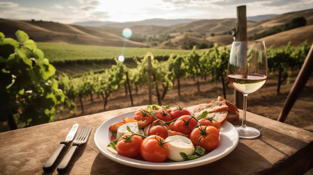 An outdoor table set with a vibrant Italian caprese salad, ripe vine tomatoes, fresh basil leaves, and succulent mozzarella, with the rolling Tuscan hills and an old vineyard in the background.の素材