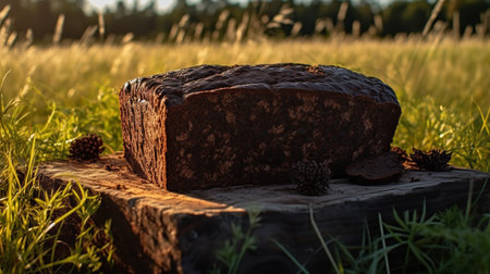 Traditional Latvian Rupjmaize, dark rye bread, sliced and served on a wooden board in a golden rye field under the Latvian sun.の素材