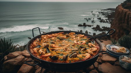 Overhead shot of a traditional, wood-fired Spanish paella with a variety of seafood, in an old, rustic, iron pan, sitting on a mosaic table with the sea and Valencia coastline in the distance.の素材