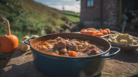 Traditional Welsh Cawl, a hearty lamb and vegetable stew, served in a rustic pot in a quaint coastal village with the Welsh coastline in the background.の素材