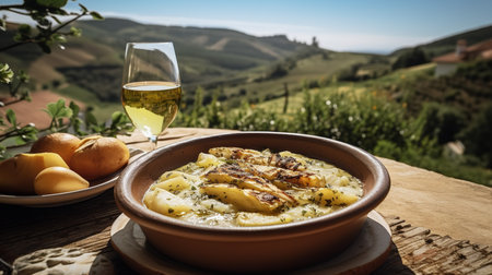 A traditional Portuguese Bacalhau dish, cod fish with potatoes, served on a rustic table in a sunny vineyard in Douro Valley.の素材