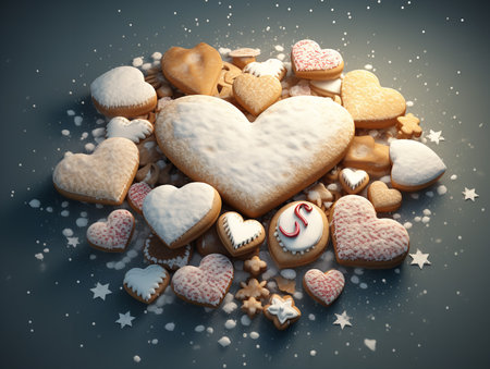 A 3D clipart of festive Christmas cookies arranged in a heart shape on a snowy background.の素材