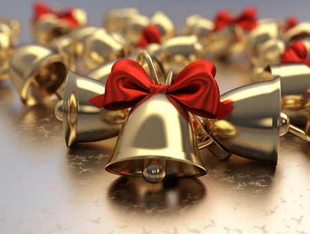 A 3D clipart of shining golden jingle bells tied with a red ribbon against a snowy backdrop.の素材