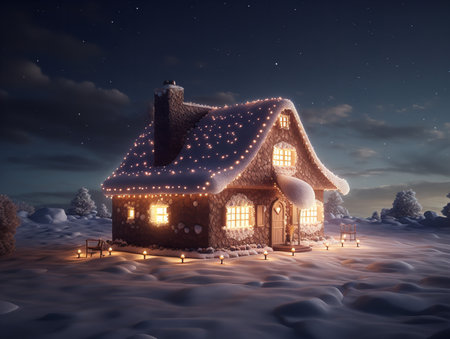 A 3D render of an enchanting gingerbread house nestled in a snowy landscape under a starry sky.の素材