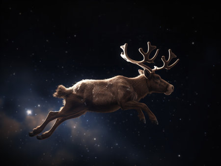 A 3D render of Santa's reindeer in mid-flight against a starlit Christmas Eve sky.の素材