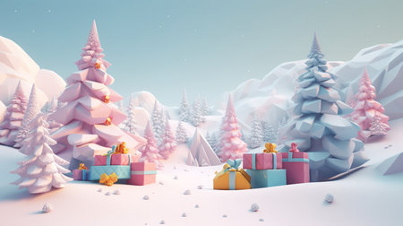 A 3D render of a snowy Christmas scene complete with decorated trees and colorful presents.の素材