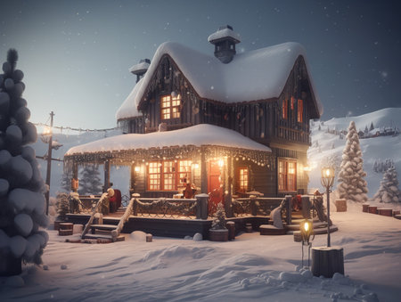 A 3D render of Santa's cozy North Pole home surrounded by snow and Christmas decorations.の素材