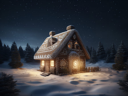 A 3D render of an enchanting gingerbread house nestled in a snowy landscape under a starry sky.の素材