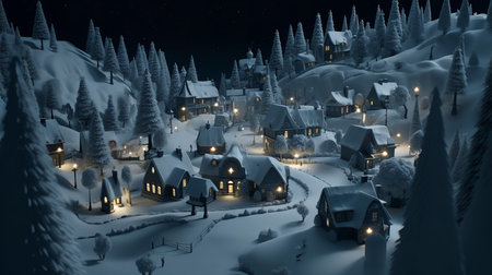 A 3D render of a peaceful, snow-covered Christmas village lit by the glow of moonlight.の素材