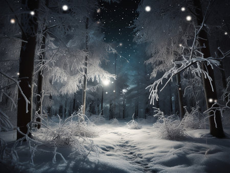 A starlit winter forest, the ground covered in snow, and Christmas decorations hanging from tree branches.の素材