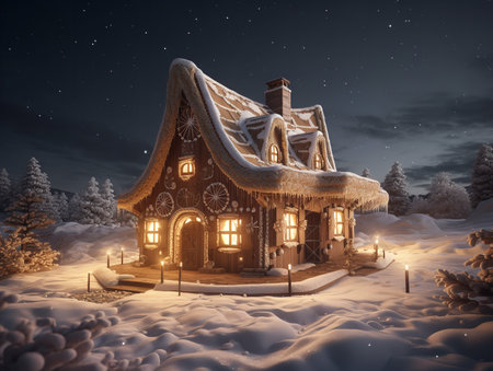 A 3D render of an enchanting gingerbread house nestled in a snowy landscape under a starry sky.の素材