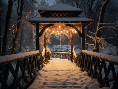 A wooden bridge blanketed in snow, framed by Christmas lights and leading to a softly lit gazebo.の素材