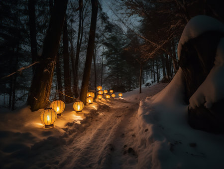 A snow-laden forest path lit by a line of glowing lanterns.の素材