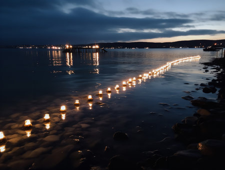 Christmas lights reflecting off the calm sea on a peaceful winter night.の素材