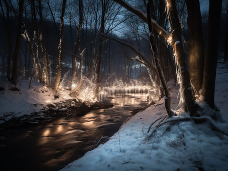 A frozen river winds through a snow-covered forest, illuminated by Christmas lights on the banks.の素材