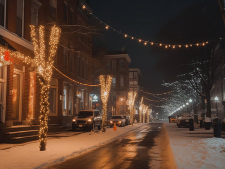 Empty, snow-covered city streets lit up by Christmas decorations.の素材