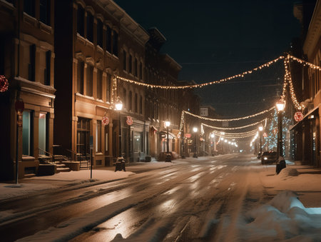 Empty, snow-covered city streets lit up by Christmas decorations.の素材