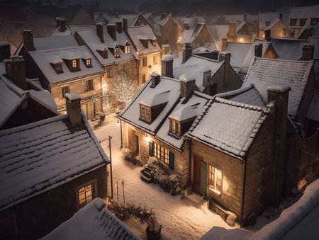 Snowy rooftops of a charming village illuminated by the warm glow of Christmas decorations.の素材