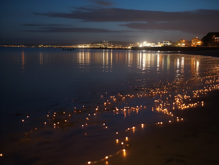 Christmas lights reflecting off the calm sea on a peaceful winter night.の素材