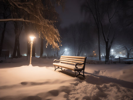 A lone snow-covered bench in a peaceful park, lit by Christmas lights.の素材
