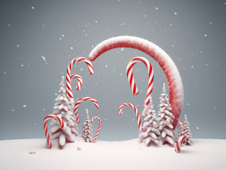 A 3D clipart of vibrant, festive candy canes forming an arch on a snowy Christmas background.の素材