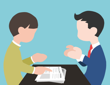 Businessman giving a resume to a candidate. Vector illustration in flat styleのイラスト素材