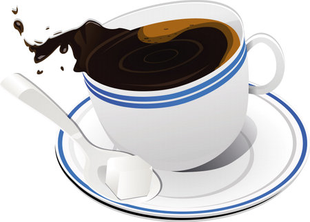 Cup of coffee with spoon and sugar on a white background.のイラスト素材