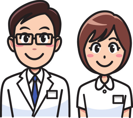 Illustration of a male and female medical staff wearing lab coat and glassesのイラスト素材
