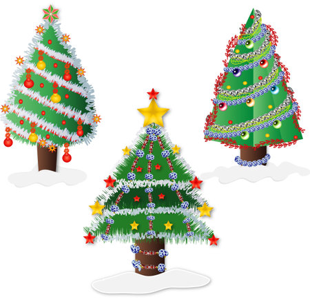 Set of Christmas trees with ornaments on a white background.の写真素材