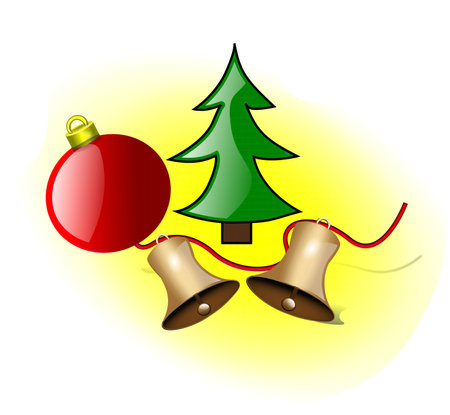 Christmas tree, bell and red ball on a yellow background. Vector illustrationの写真素材