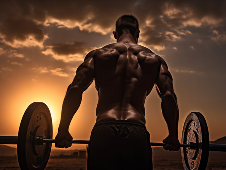 Against the backdrop of a setting sun, a muscular male athlete's torso is silhouetted. He is lifting a heavy barbell, his well-defined back muscles, solid biceps, and chiseled abs visibly straining.の素材
