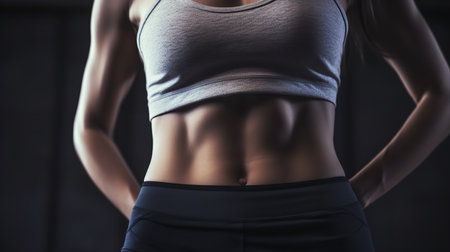 Close-up shot of a white female athlete's toned waist and abs, each muscle the result of her dedication to a regular fitness regimen.の素材