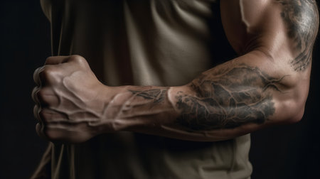 Close-up shot of a white male athlete's muscular forearms, each muscle defined by effort and dedication to his fitness routine.の素材