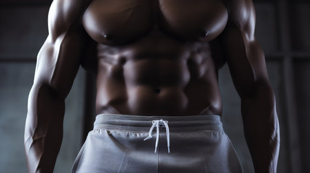 Close-up of a white male athlete's defined abs and waist, showcasing the tangible results of his dedication to fitness and strength training.の素材