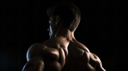 Close-up of a white male athlete's muscular back, each muscle sculpted from hours of strength training, highlighted by a dramatic play of shadows.の素材