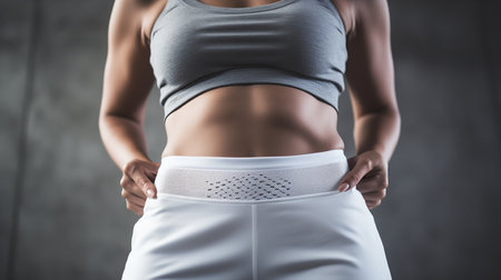 Close-up image of a white female athlete's defined waist and abs, showing the rewards of her commitment to a disciplined fitness regimen.の素材
