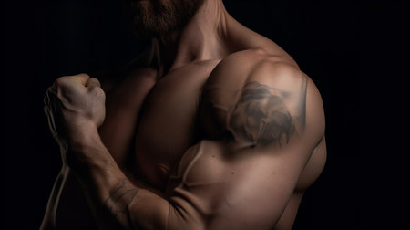 A white male athlete's defined biceps and triceps are displayed in this close-up shot, each muscle a testament to his fitness discipline.の素材