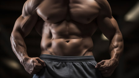 Close-up of a white male athlete's defined abs and waist, showcasing the tangible results of his dedication to fitness and strength training.の素材