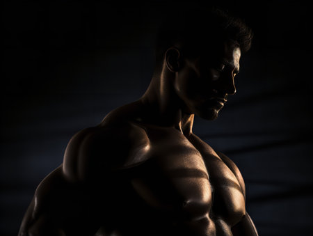 The shadows play off a male athlete's torso, emphasising the lines and shapes formed by his ripped abs and muscular chest. The dimly lit atmosphere adds a sense of mystery and determination to his fitness journey.の素材