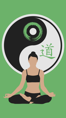 Yoga with Yin Yang. Vector illustration. Isolated on green background.のイラスト素材