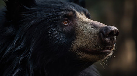 Close-up photography of a sloth bear, its expression telling a tale of survival and resilience.の素材
